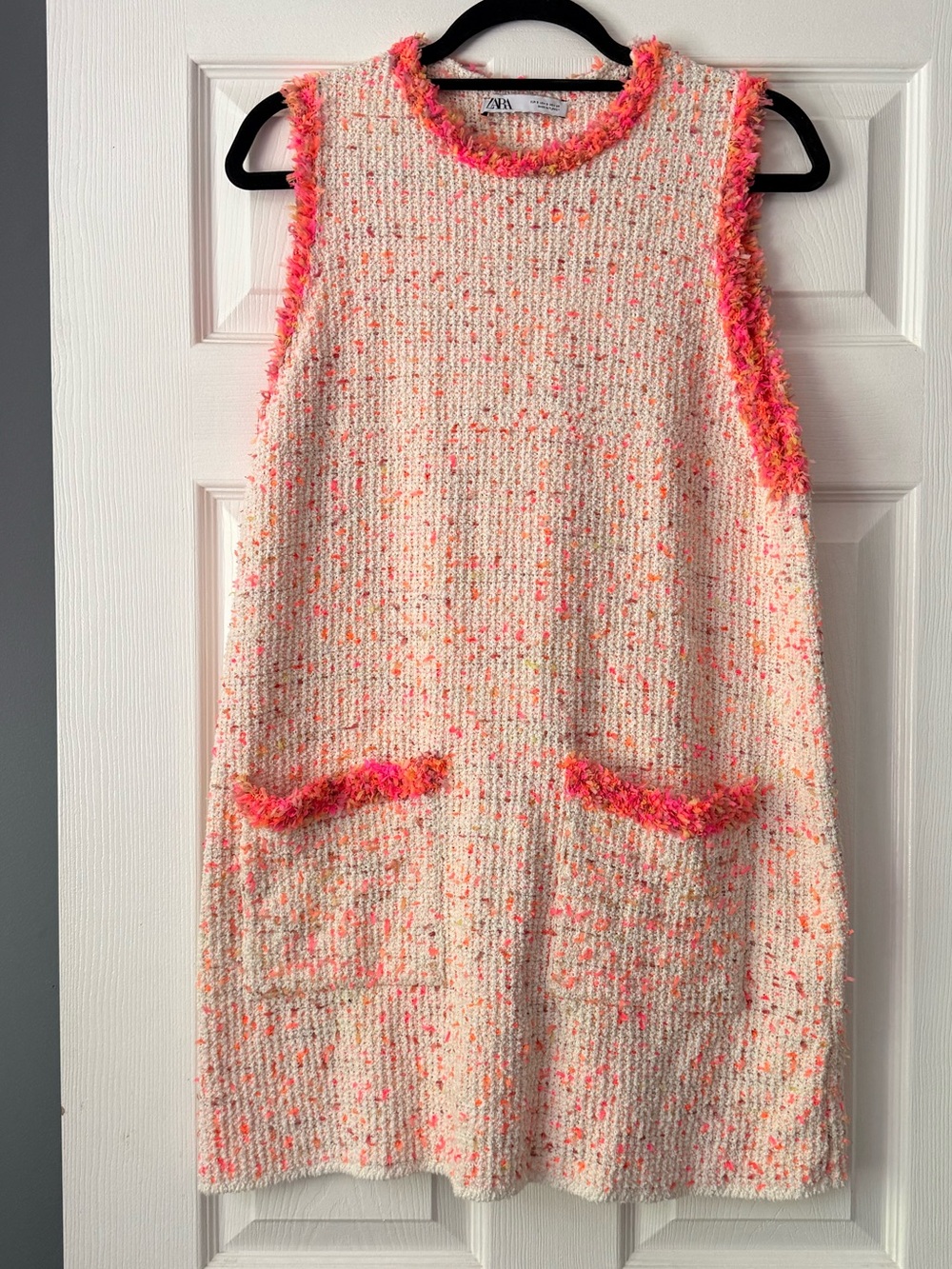 Zara Cream Knit Dress with Neon Pink Trim